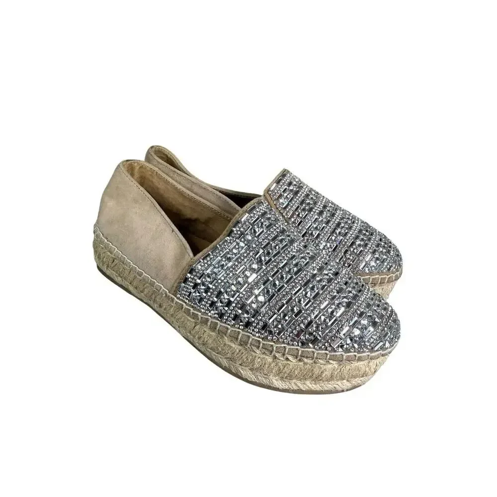 Steve Madden Proud Platform Espadrilles Rhinestone Crystal Slip On Loafers 6.5